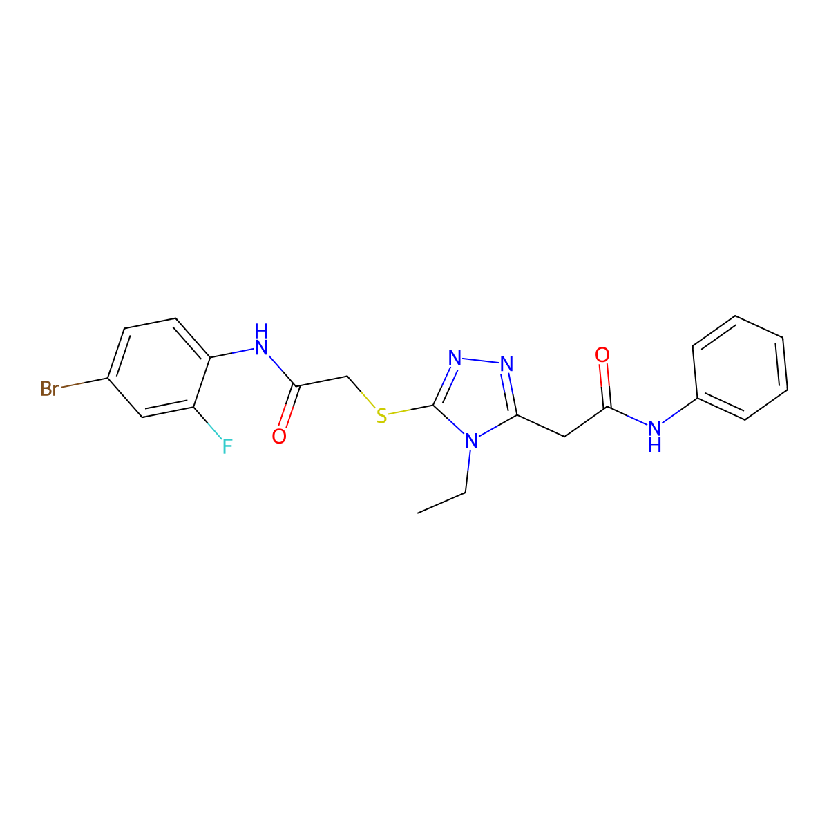 2-[5-[2-(4-bromo-2-fluoroanilino)-2-oxoethyl]sulfanyl-4-ethyl-1,2,4-triazol-3-yl]-N-phenylacetamide molecular structure, CAS 701968-28-7