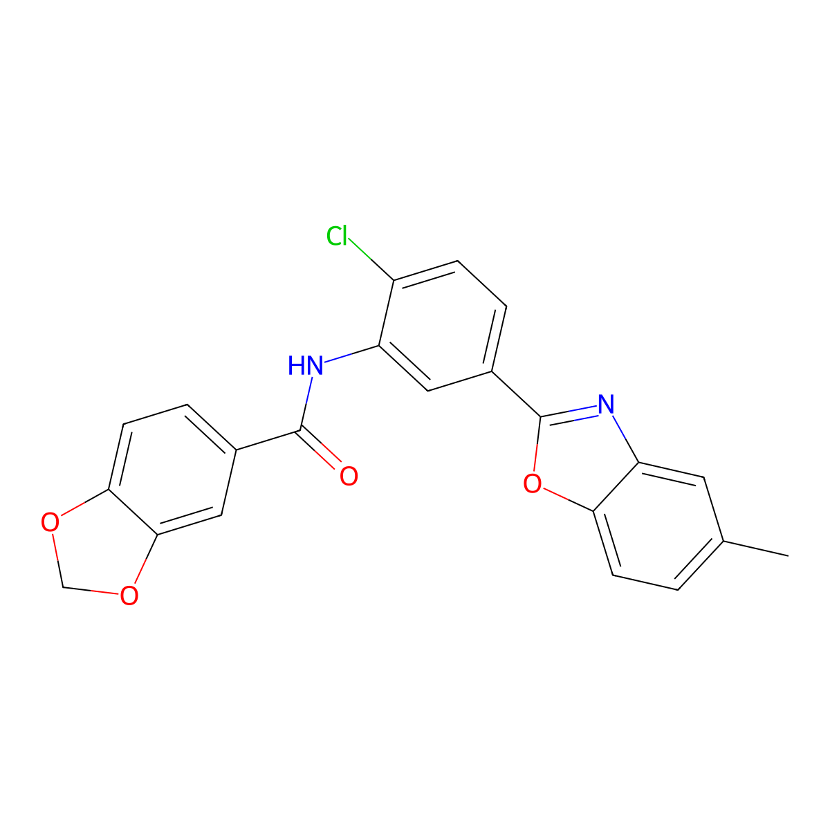 N-[2-chloro-5-(5-methyl-1,3-benzoxazol-2-yl)phenyl]-1,3-benzodioxole-5-carboxamide molecular structure, CAS 701968-74-3