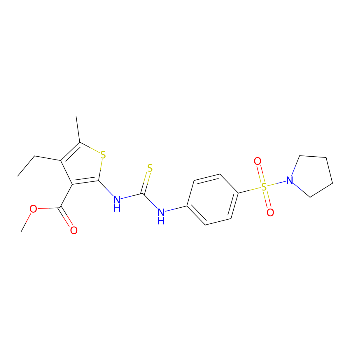 Methyl 4-ethyl-5-methyl-2-({[4-(pyrrolidin-1-ylsulfonyl)phenyl]carbamothioyl}amino)thiophene-3-carboxylate molecular structure, CAS 701969-22-4