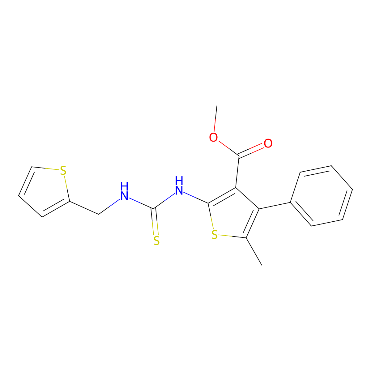 Methyl 5-methyl-4-phenyl-2-{[(thiophen-2-ylmethyl)carbamothioyl]amino}thiophene-3-carboxylate molecular structure, CAS 701969-98-4