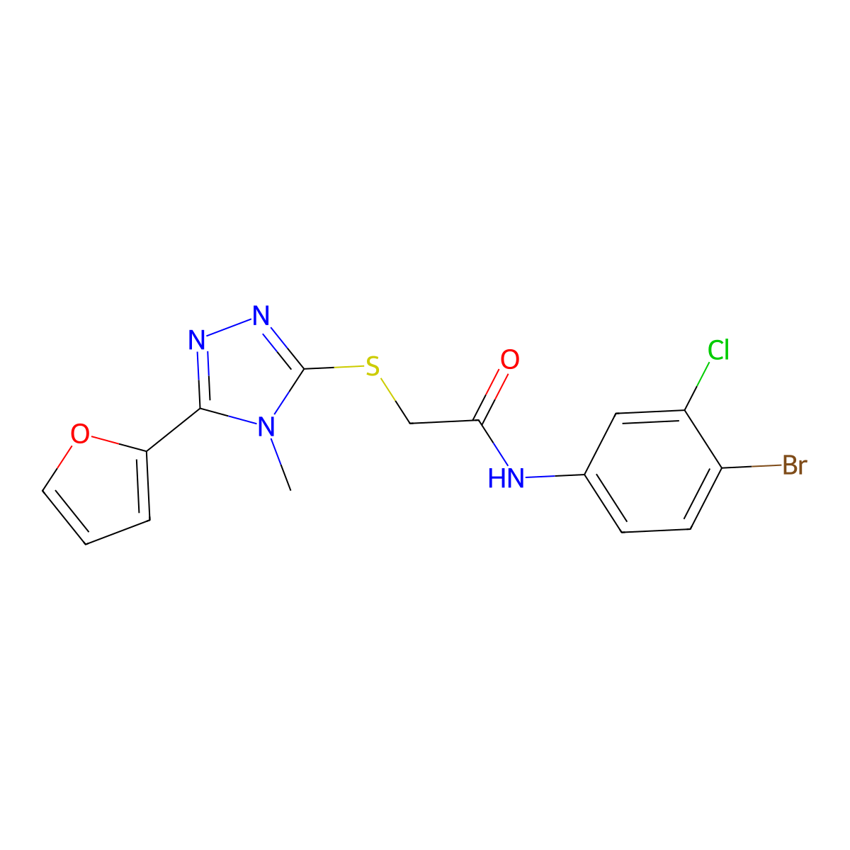 N-(4-bromo-3-chlorophenyl)-2-[[5-(furan-2-yl)-4-methyl-1,2,4-triazol-3-yl]sulfanyl]acetamide molecular structure, CAS 701971-24-6