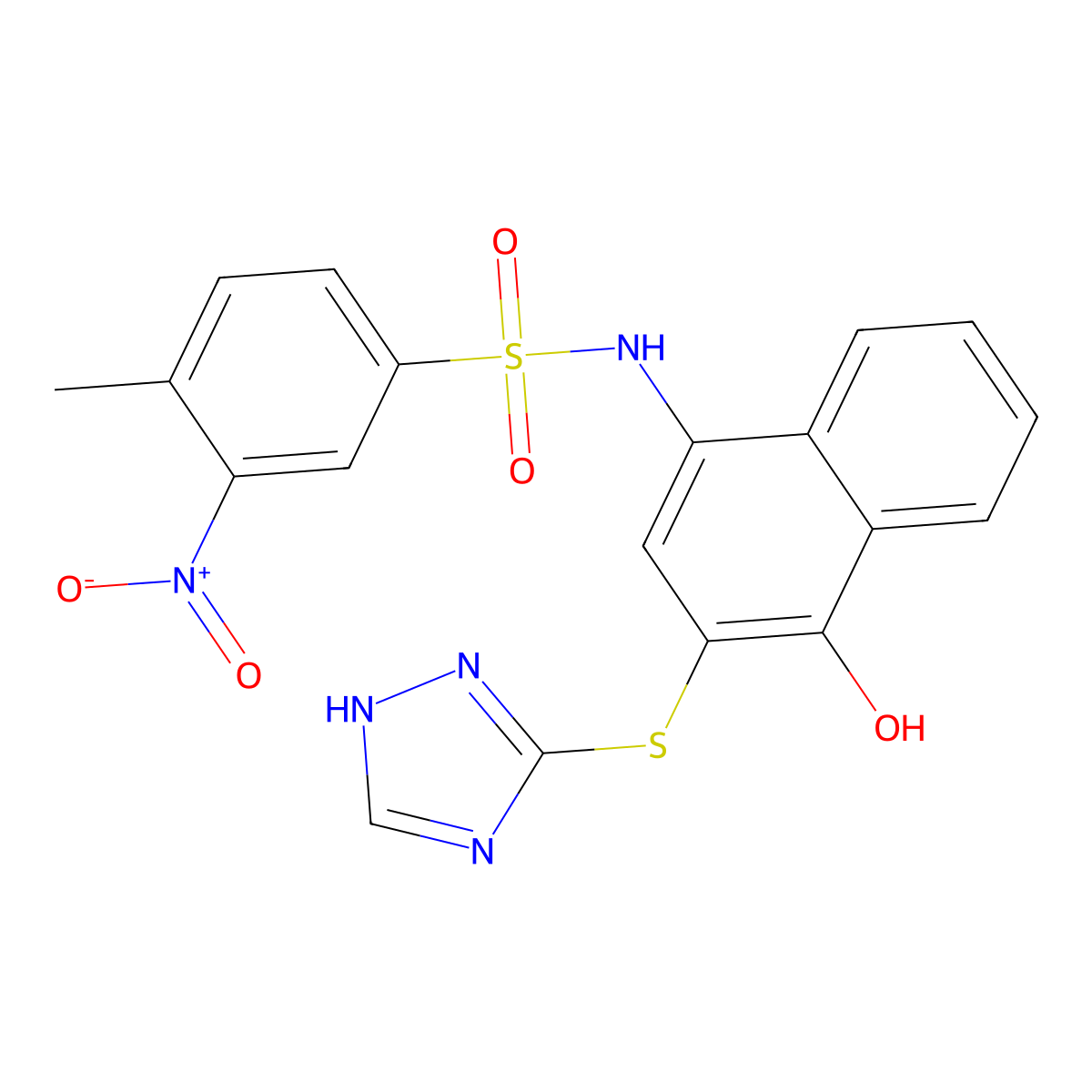 N-[4-hydroxy-3-(1H-1,2,4-triazol-5-ylsulfanyl)naphthalen-1-yl]-4-methyl-3-nitrobenzenesulfonamide molecular structure, CAS 701971-86-0