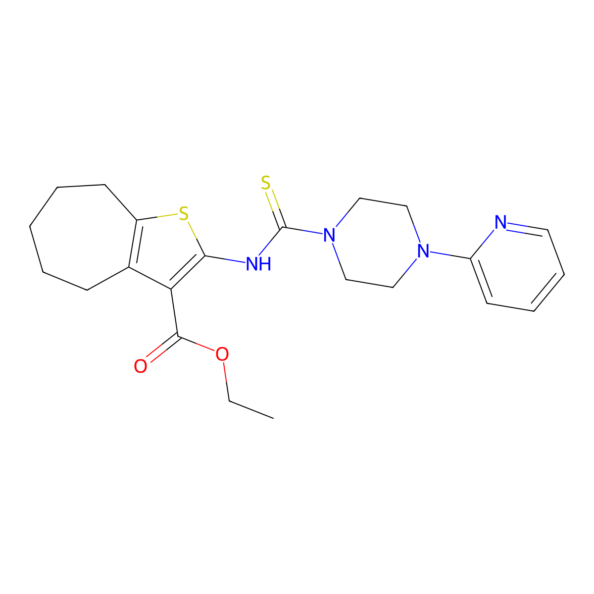 ethyl 2-({[4-(pyridin-2-yl)piperazin-1-yl]carbonothioyl}amino)-5,6,7,8-tetrahydro-4H-cyclohepta[b]thiophene-3-carboxylate molecular structure, CAS 701973-24-2