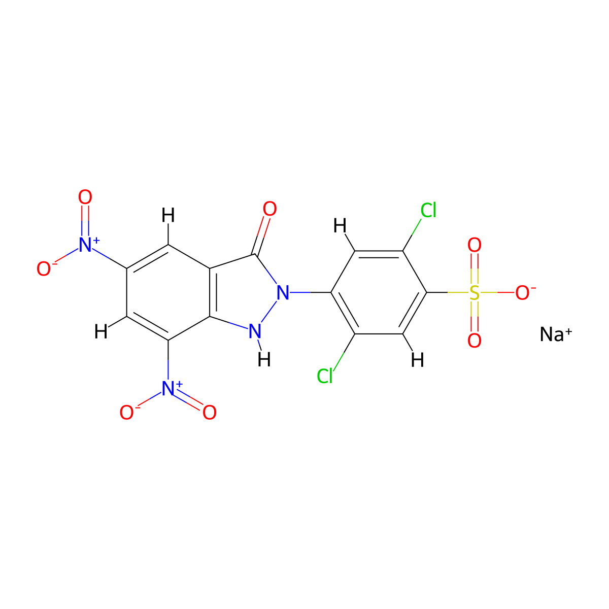 Benzenesulfonic acid, 2,5-dichloro-4-(1,3-dihydro-5,7-dinitro-3-oxo-2H-indazol-2-yl)-, sodium salt (1:1) molecular structure, CAS 70209-94-8