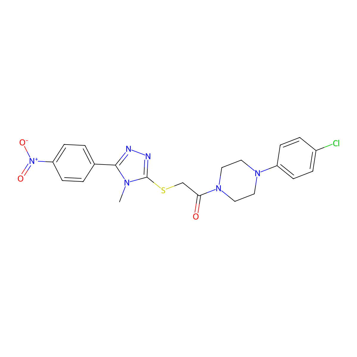 1-[4-(4-Chlorophenyl)piperazin-1-yl]-2-[[4-methyl-5-(4-nitrophenyl)-1,2,4-triazol-3-yl]sulfanyl]ethanone molecular structure, CAS 702647-25-4