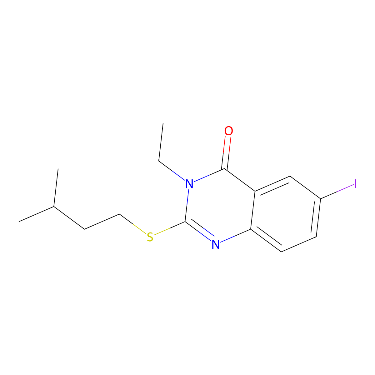 3-Ethyl-6-iodo-2-(3-methylbutylsulfanyl)quinazolin-4-one molecular structure, CAS 702647-94-7