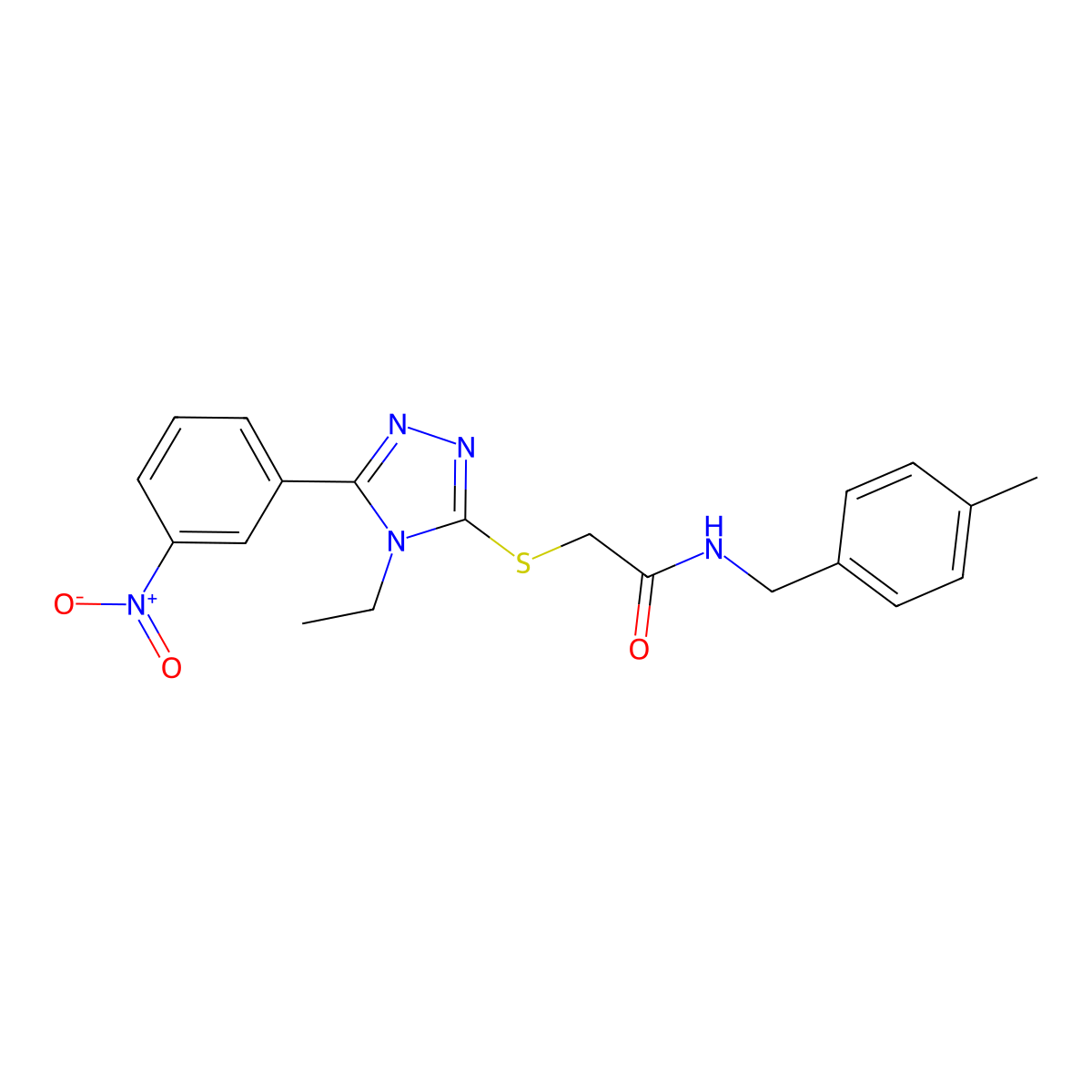 2-[[4-ethyl-5-(3-nitrophenyl)-1,2,4-triazol-3-yl]sulfanyl]-N-[(4-methylphenyl)methyl]acetamide molecular structure, CAS 702648-03-1