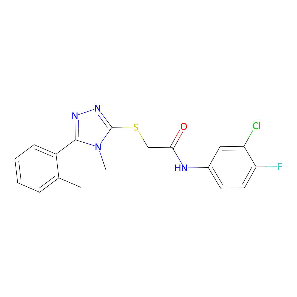 N-(3-chloro-4-fluorophenyl)-2-[[4-methyl-5-(2-methylphenyl)-1,2,4-triazol-3-yl]sulfanyl]acetamide molecular structure, CAS 702648-28-0