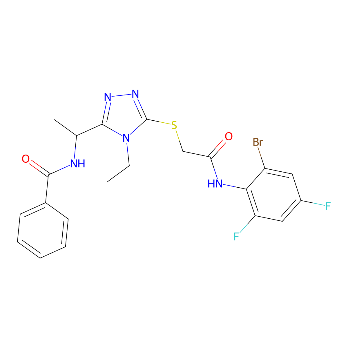 N-[1-[5-[2-(2-bromo-4,6-difluoroanilino)-2-oxoethyl]sulfanyl-4-ethyl-1,2,4-triazol-3-yl]ethyl]benzamide molecular structure, CAS 702648-40-6