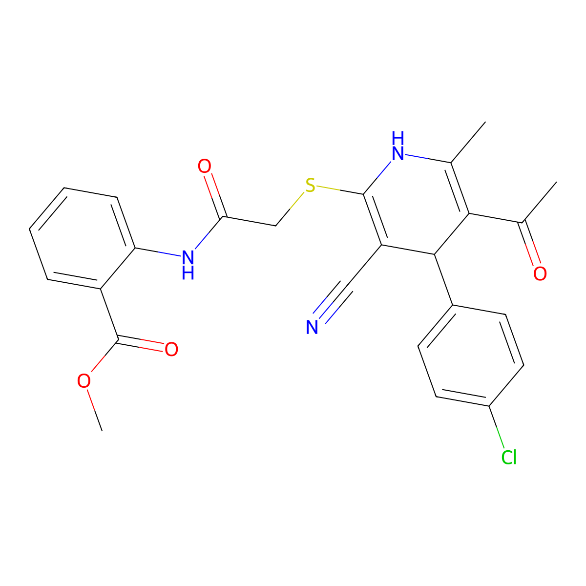 Methyl 2-(2-{[5-acetyl-4-(4-chlorophenyl)-3-cyano-6-methyl-1,4-dihydropyridin-2-YL]sulfanyl}acetamido)benzoate molecular structure, CAS 702648-55-3