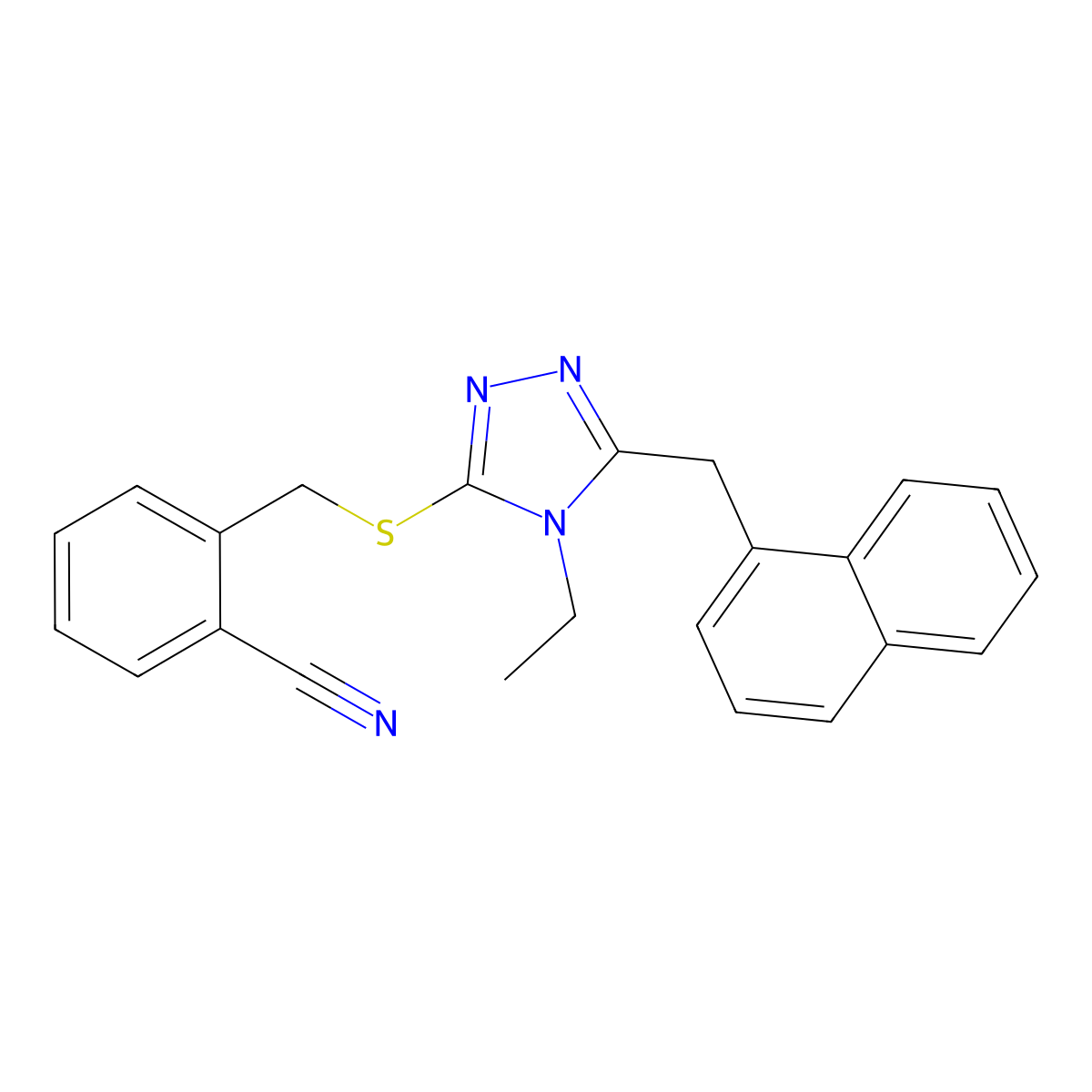 2-[[4-Ethyl-5-(naphthalen-1-ylmethyl)-1,2,4-triazol-3-yl]sulfanylmethyl]benzonitrile molecular structure, CAS 702648-68-8
