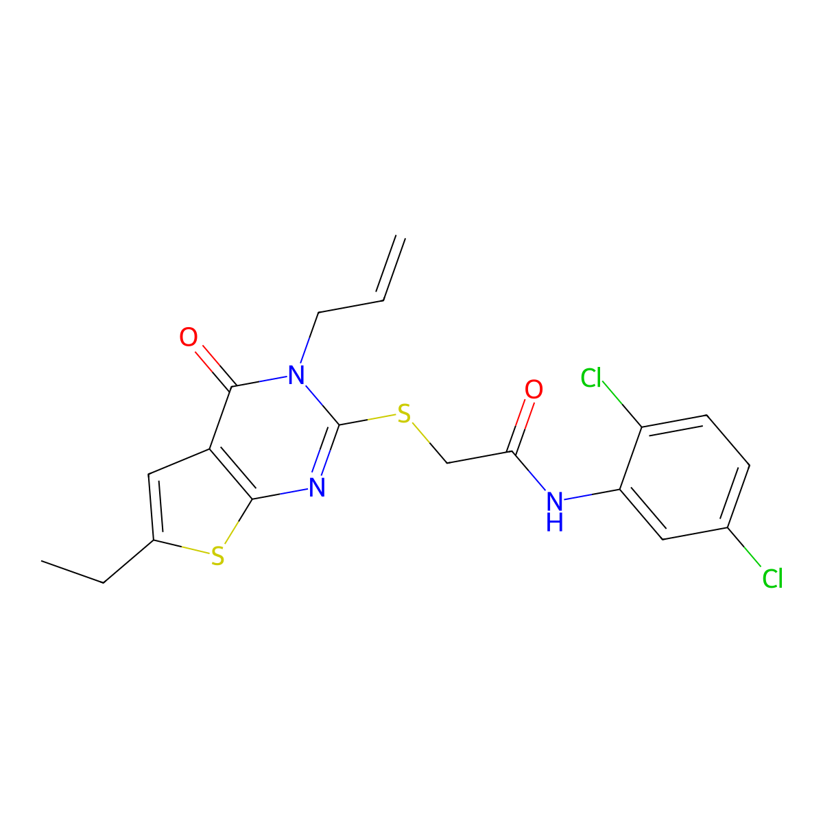 N-(2,5-dichlorophenyl)-2-(6-ethyl-4-oxo-3-prop-2-enylthieno[2,3-d]pyrimidin-2-yl)sulfanylacetamide molecular structure, CAS 702649-37-4