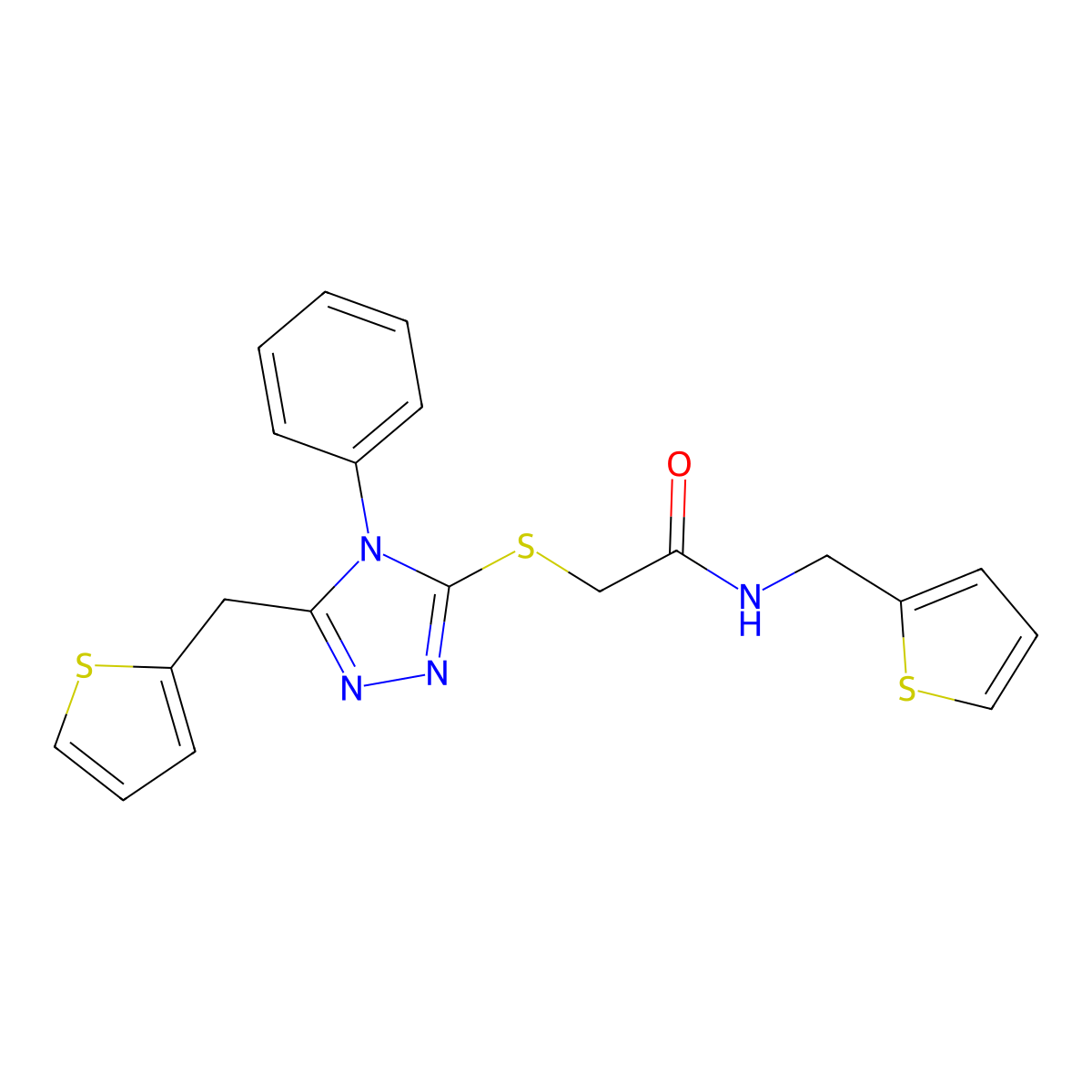 2-[[4-phenyl-5-(thiophen-2-ylmethyl)-1,2,4-triazol-3-yl]sulfanyl]-N-(thiophen-2-ylmethyl)acetamide molecular structure, CAS 702649-80-7