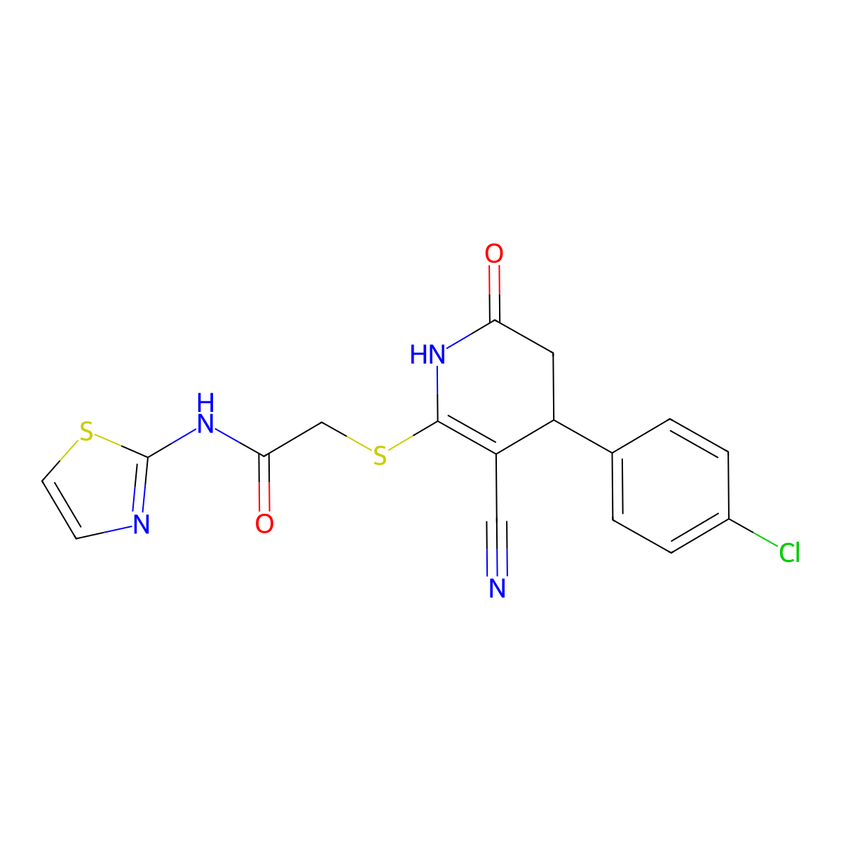 2-[[4-(4-chlorophenyl)-5-cyano-2-oxo-3,4-dihydro-1H-pyridin-6-yl]sulfanyl]-N-(1,3-thiazol-2-yl)acetamide molecular structure, CAS 702650-16-6