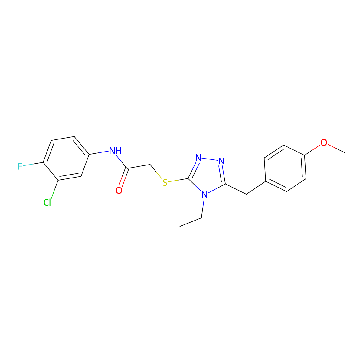N-(3-chloro-4-fluorophenyl)-2-{[4-ethyl-5-(4-methoxybenzyl)-4H-1,2,4-triazol-3-yl]sulfanyl}acetamide molecular structure, CAS 702650-30-4