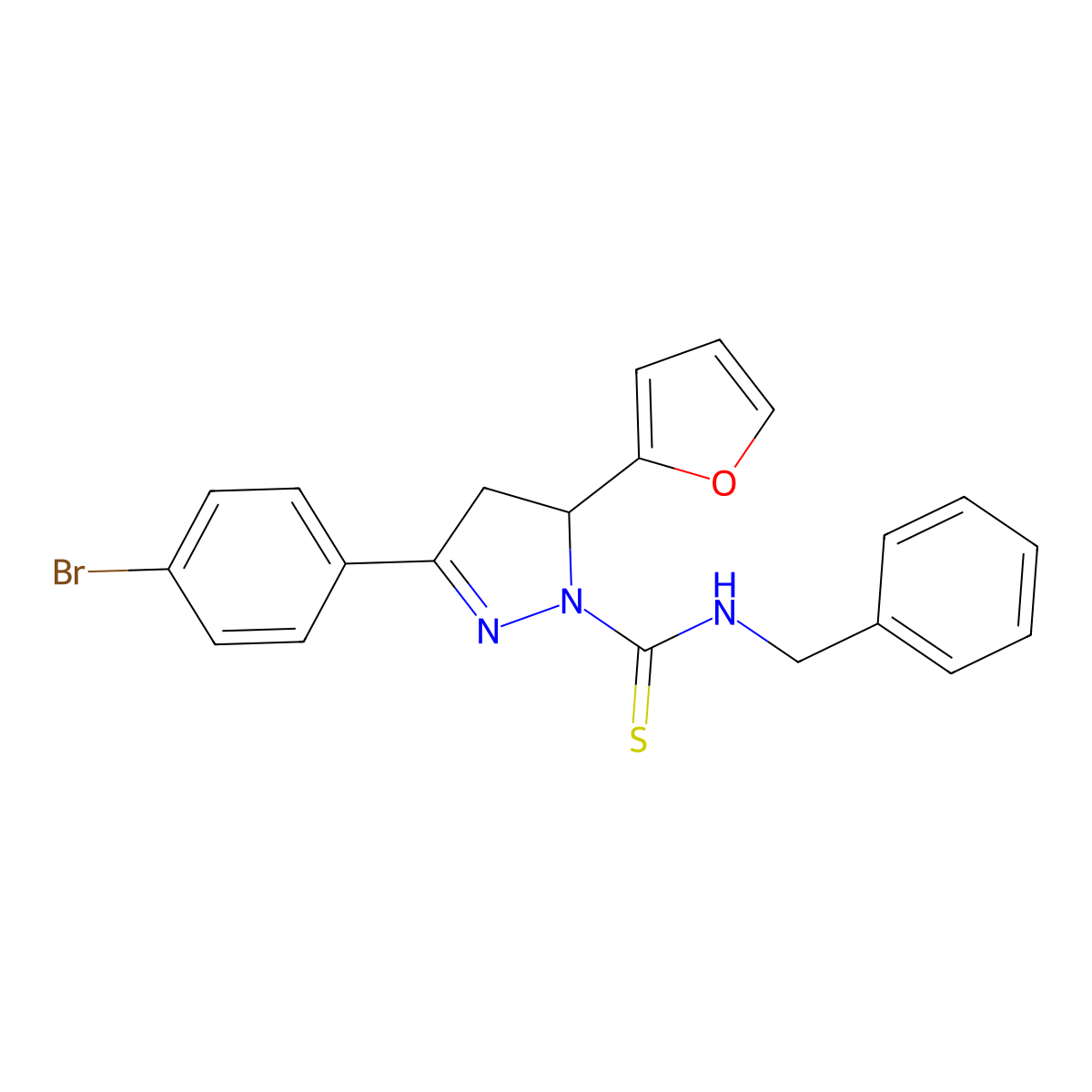 N-benzyl-5-(4-bromophenyl)-3-(furan-2-yl)-3,4-dihydropyrazole-2-carbothioamide molecular structure, CAS 702650-43-9