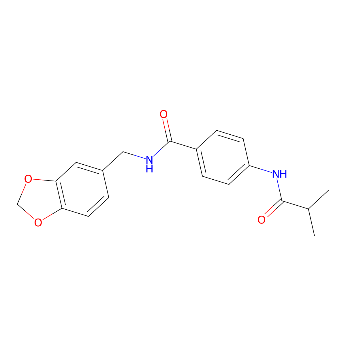 N-(1,3-benzodioxol-5-ylmethyl)-4-(2-methylpropanoylamino)benzamide molecular structure, CAS 702651-04-5