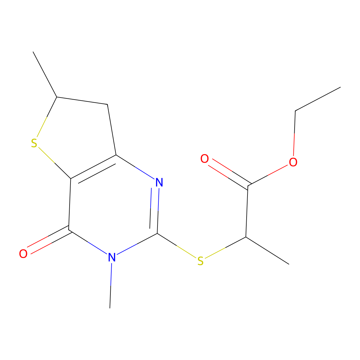 Ethyl 2-((3,6-dimethyl-4-oxo-3,4,6,7-tetrahydrothieno[3,2-d]pyrimidin-2-yl)thio)propanoate molecular structure, CAS 702665-79-0