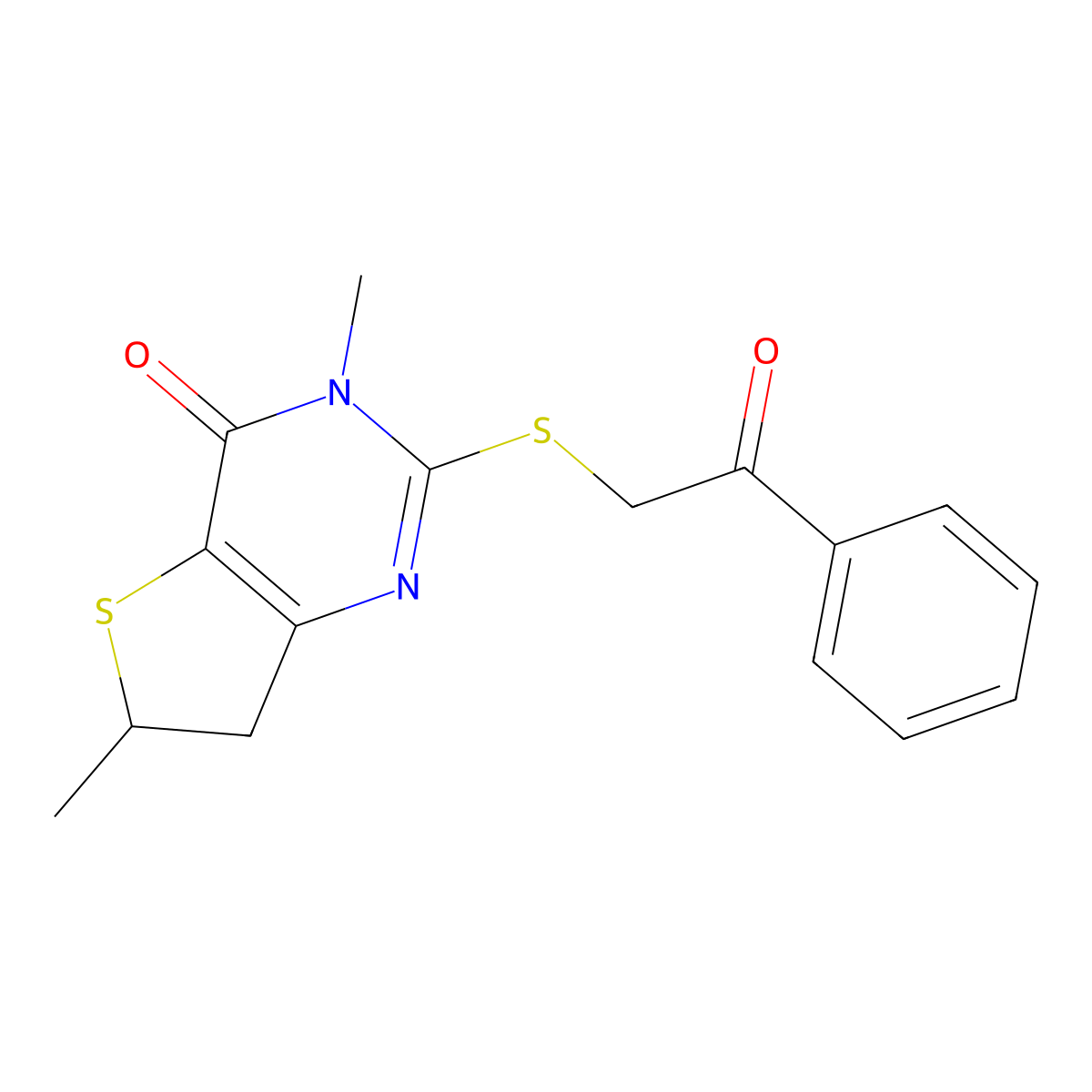 3,6-dimethyl-2-((2-oxo-2-phenylethyl)thio)-6,7-dihydrothieno[3,2-d]pyrimidin-4(3H)-one molecular structure, CAS 702665-83-6