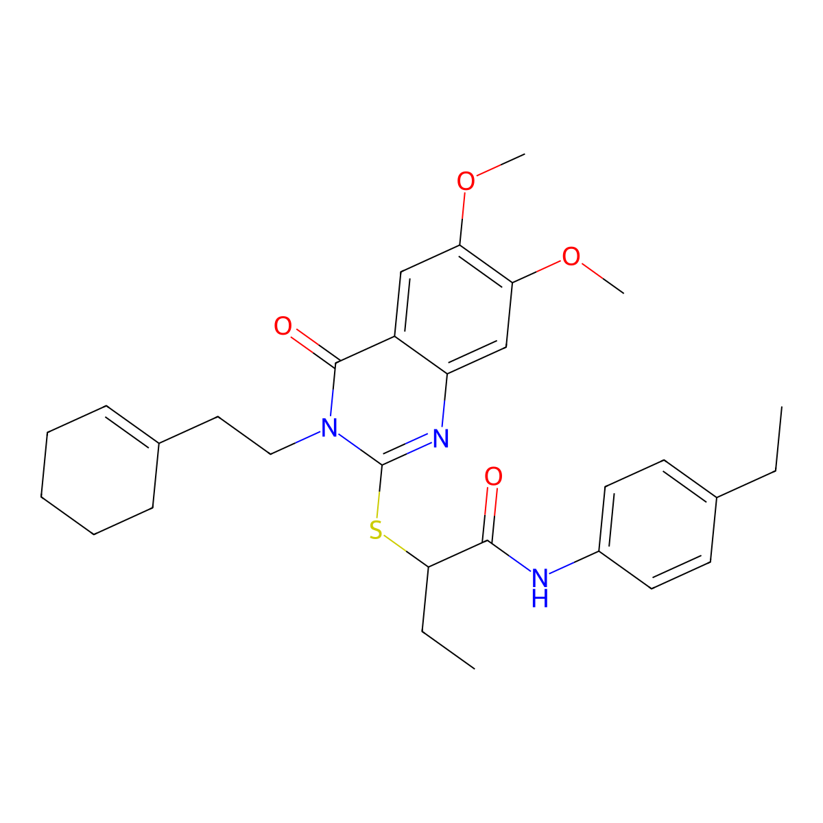 2-((3-(2-(1-cyclohexen-1-yl)ethyl)-6,7-dimethoxy-4-oxo-3,4-dihydro-2-quinazolinyl)sulfanyl)-N-(4-ethylphenyl)butanamide molecular structure, CAS 702668-62-0