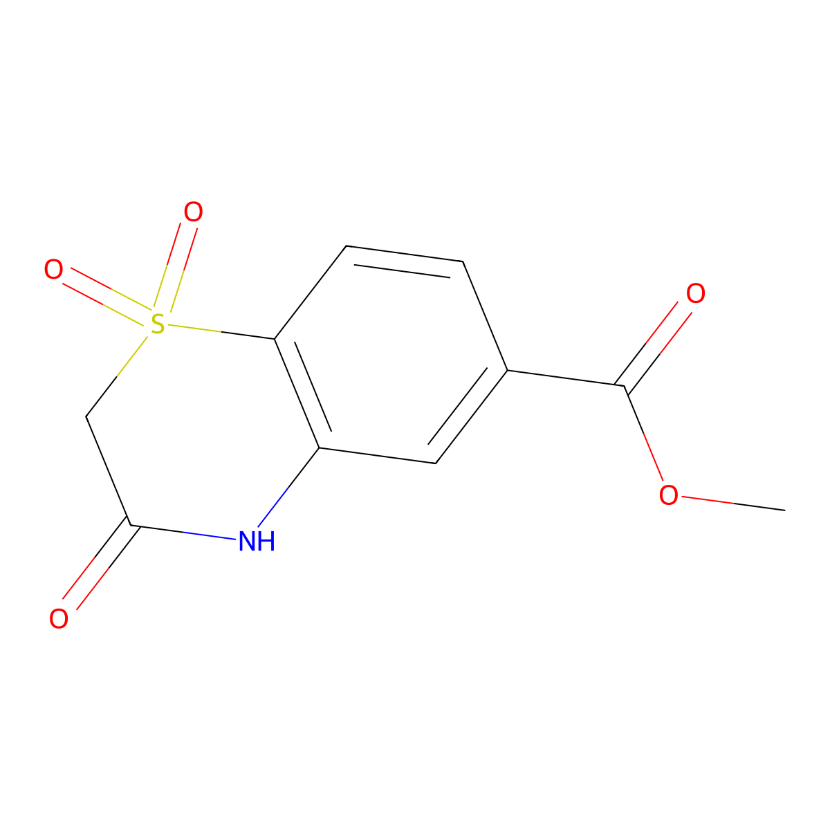 Methyl 3-oxo-3,4-dihydro-2H-benzo[b][1,4]thiazine-6-carboxylate 1,1-dioxide molecular structure, CAS 702669-47-4