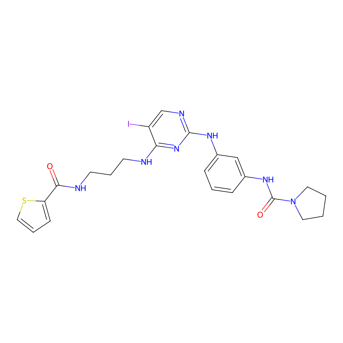 N-(3-((5-Iodo-4-((3-((2-thienylcarbonyl)amino)propyl)amino)-2-pyrimidinyl)amino)phenyl)-1-pyrrolidinecarboxamide molecular structure, CAS 702675-74-9
