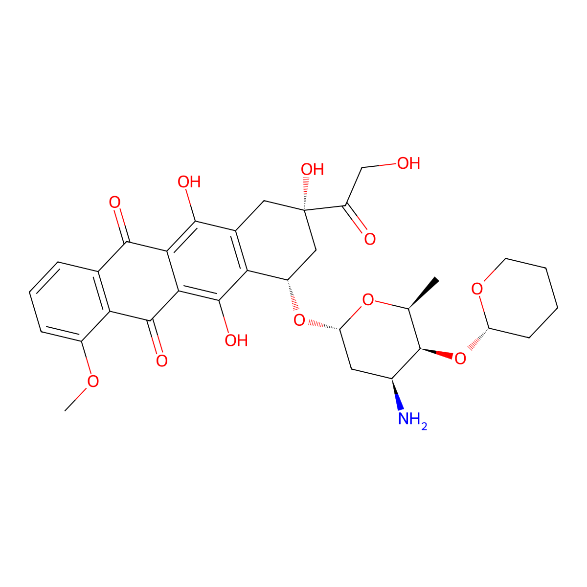 (8S,10S)-10-(((2R,4S,5S,6S)-4-amino-6-methyl-5-(((S)-tetrahydro-2H-pyran-2-yl)oxy)tetrahydro-2H-pyran-2-yl)oxy)-6,8,11-trihydroxy-8-(2-hydroxyacetyl)-1-methoxy-7,8,9,10-tetrahydrotetracene-5,12-dione molecular structure, CAS 70287-21-7