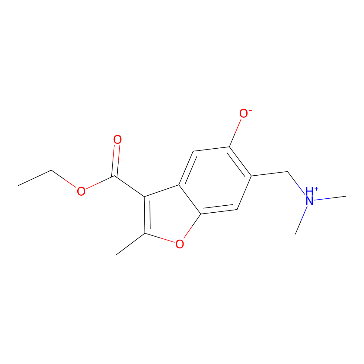 3-Benzofurancarboxylic acid, 6-(dimethylaminomethyl)-5-hydroxy-2-methyl-, ethyl ester molecular structure, CAS 70301-79-0