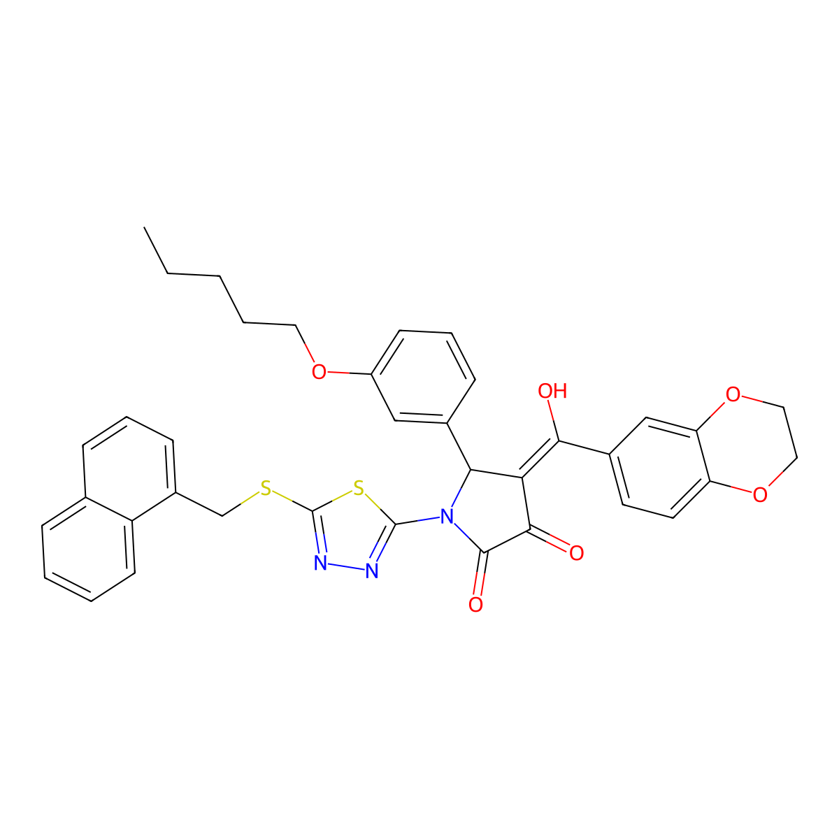4-[2,3-Dihydro-1,4-benzodioxin-6-yl(hydroxy)methylidene]-1-[5-(naphthalen-1-ylmethylsulfanyl)-1,3,4-thiadiazol-2-yl]-5-(3-pentoxyphenyl)pyrrolidine-2,3-dione molecular structure, CAS 7037-56-1