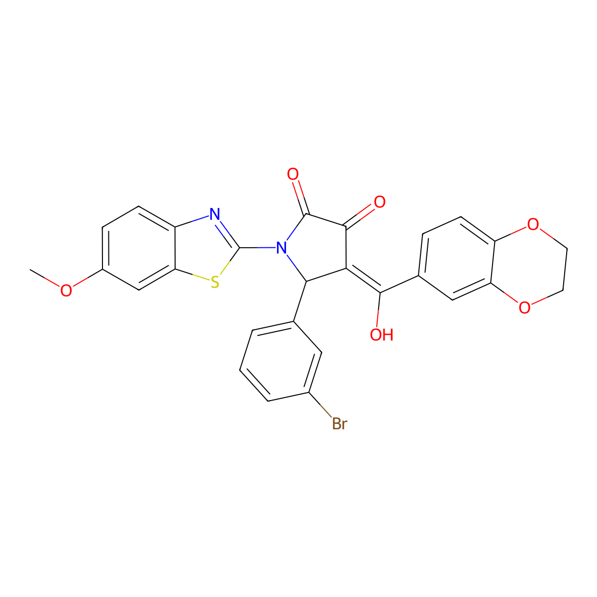 5-(3-Bromophenyl)-4-[2,3-dihydro-1,4-benzodioxin-6-yl(hydroxy)methylidene]-1-(6-methoxy-1,3-benzothiazol-2-yl)pyrrolidine-2,3-dione molecular structure, CAS 7037-60-7