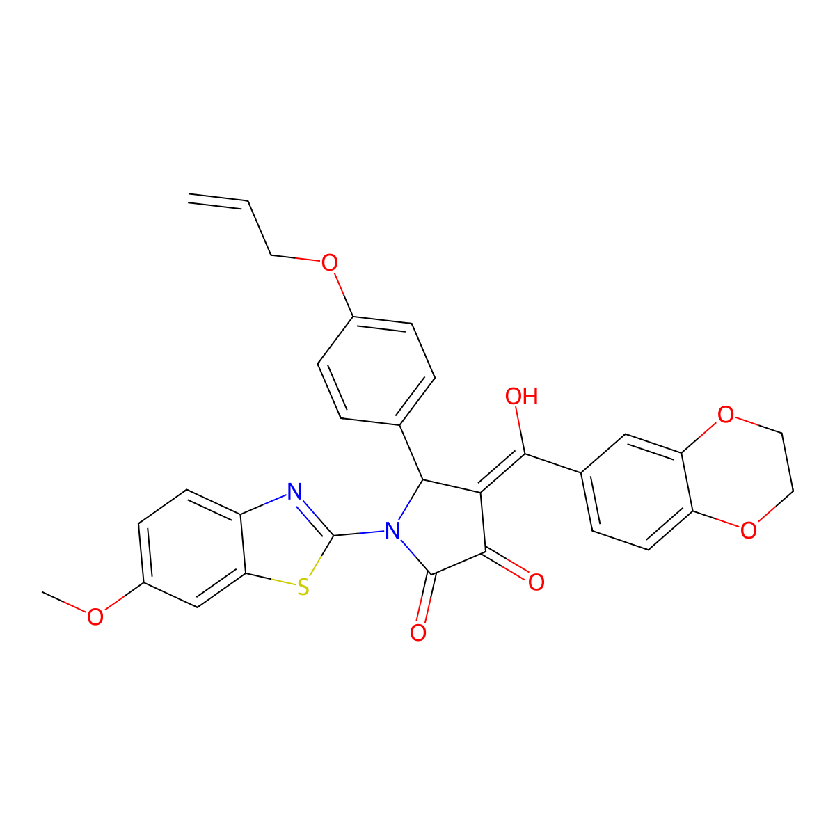 4-[2,3-Dihydro-1,4-benzodioxin-6-yl(hydroxy)methylidene]-1-(6-methoxy-1,3-benzothiazol-2-yl)-5-(4-prop-2-enoxyphenyl)pyrrolidine-2,3-dione molecular structure, CAS 7037-61-8