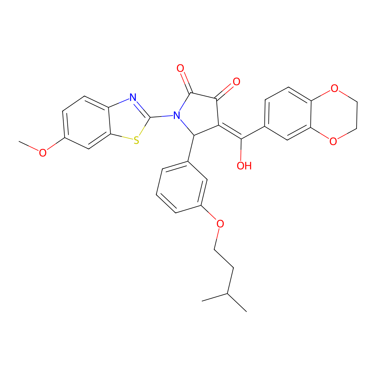 4-[2,3-Dihydro-1,4-benzodioxin-6-yl(hydroxy)methylidene]-1-(6-methoxy-1,3-benzothiazol-2-yl)-5-[3-(3-methylbutoxy)phenyl]pyrrolidine-2,3-dione molecular structure, CAS 7037-62-9