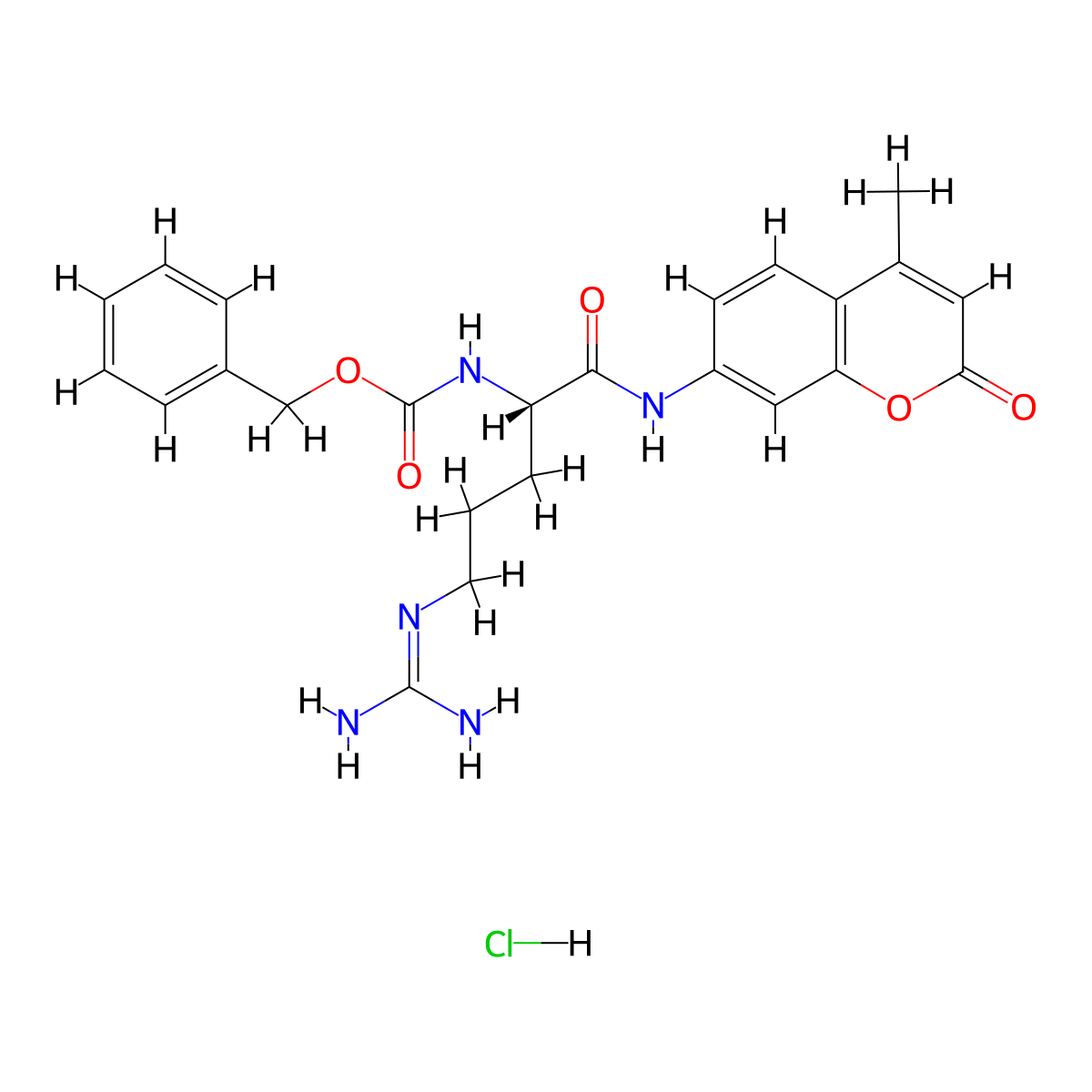 Benzyl (S)-(4-(amidinoamino)-1-(((4-methyl-2-oxo-2H-1-benzopyran-7-yl)amino)carbonyl)butyl)carbamate monohydrochloride molecular structure, CAS 70375-22-3