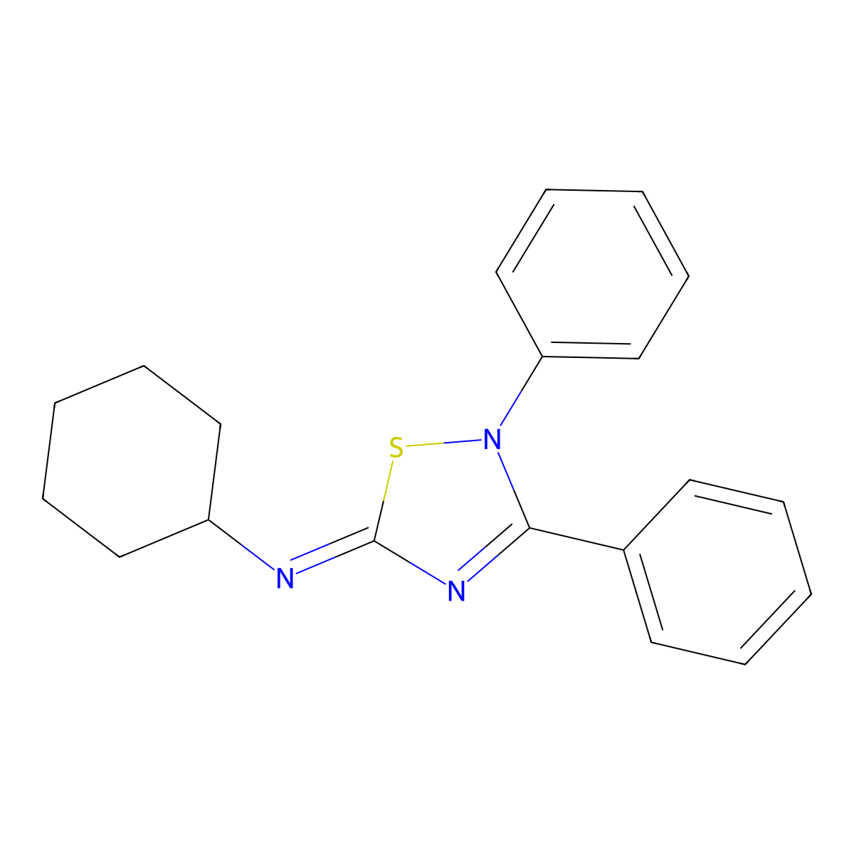 Cyclohexanamine, N-(2,3-diphenyl-1,2,4-thiadiazol-5(2H)-ylidene)- molecular structure, CAS 70375-49-4