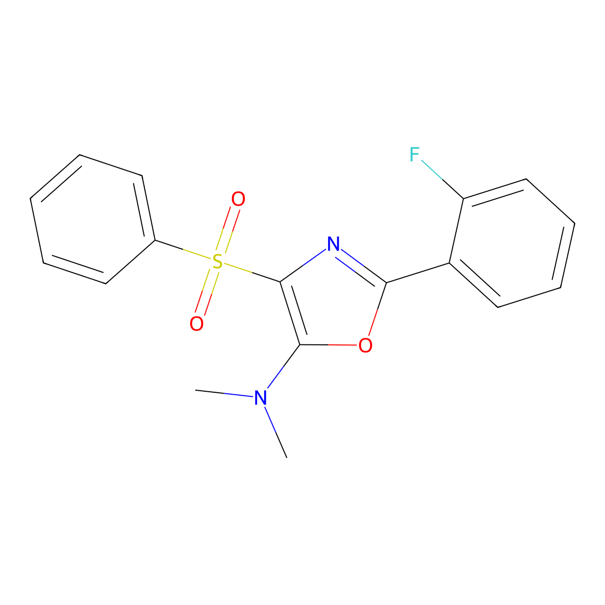 4-(benzenesulfonyl)-2-(2-fluorophenyl)-N,N-dimethyl-1,3-oxazol-5-amine molecular structure, CAS 7038-12-2