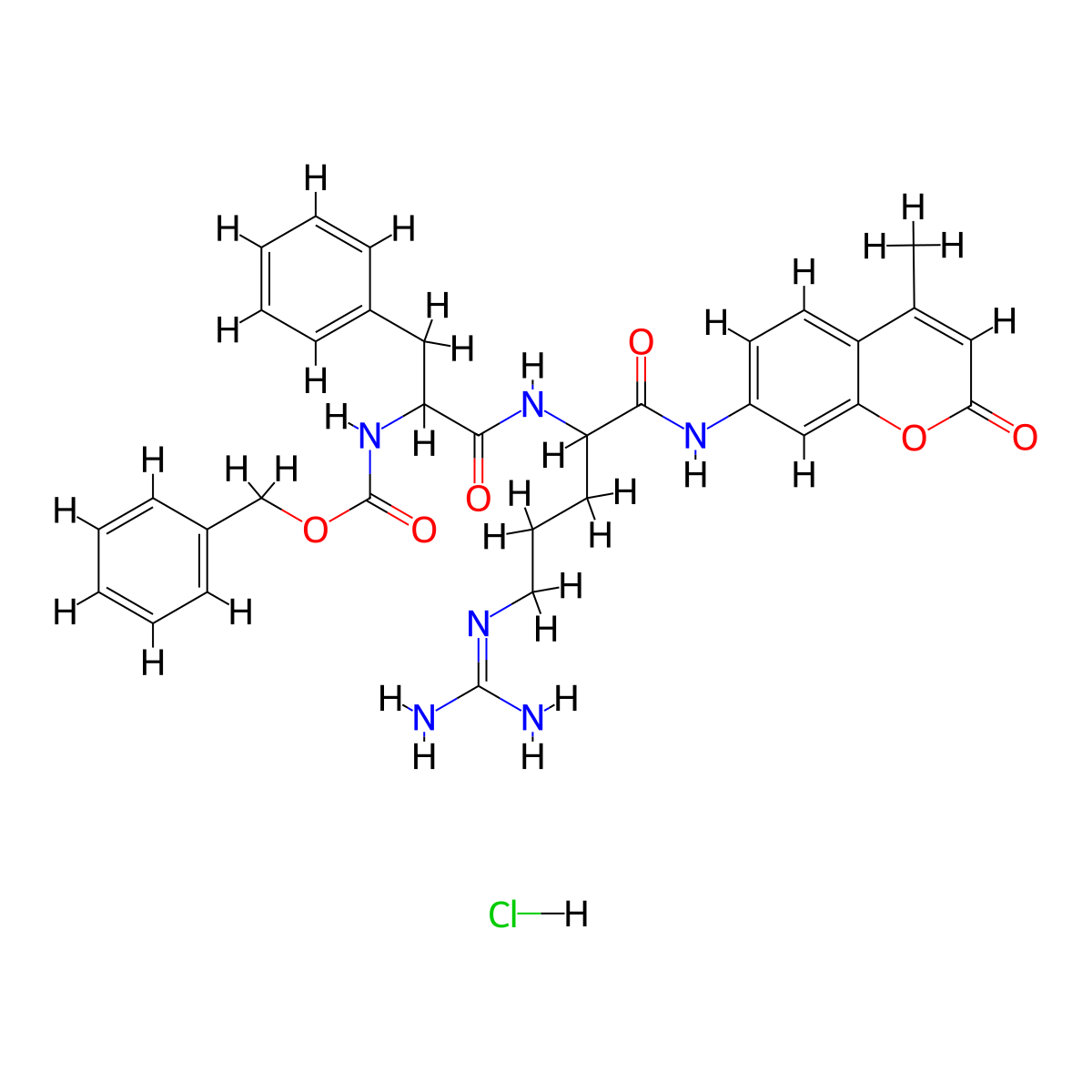 Benzyl ((S)-1-(((S)-5-guanidino-1-((4-methyl-2-oxo-2H-chromen-7-yl)amino)-1-oxopentan-2-yl)amino)-1-oxo-3-phenylpropan-2-yl)carbamate hydrochloride molecular structure, CAS 70382-26-2