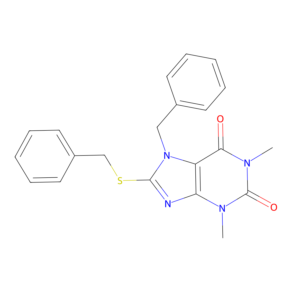 7-benzyl-8-(benzylsulfanyl)-1,3-dimethyl-2,3,6,7-tetrahydro-1H-purine-2,6-dione molecular structure, CAS 70404-24-9