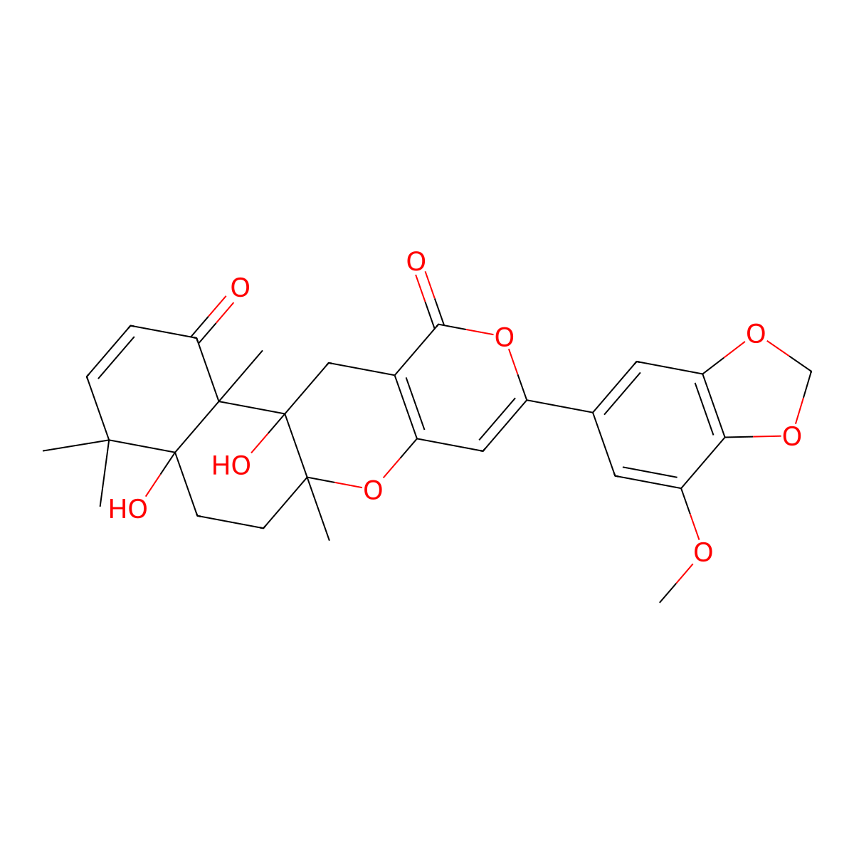 (4aR,6aR,12aS,12bS)-4a,6,6a,12,12a,12b-Hexahydro-4a,12a-dihydroxy-9-(7-methoxy-1,3-benzodioxol-5-yl)-4,4,6a,12b-tetramethyl-4H,11H-naphtho(2,1-b)pyrano(3,4-e)pyran-1,11(5H)-dione molecular structure, CAS 70407-19-1