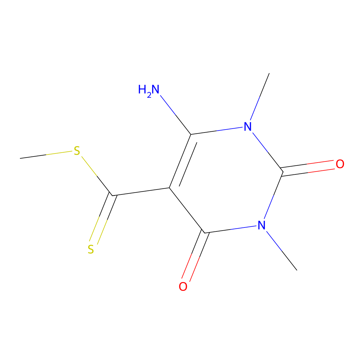 Methyl 6-amino-1,3-dimethyl-2,4-dioxo-1,2,3,4-tetrahydro-5-pyrimidinecarbodithioate molecular structure, CAS 70424-96-3