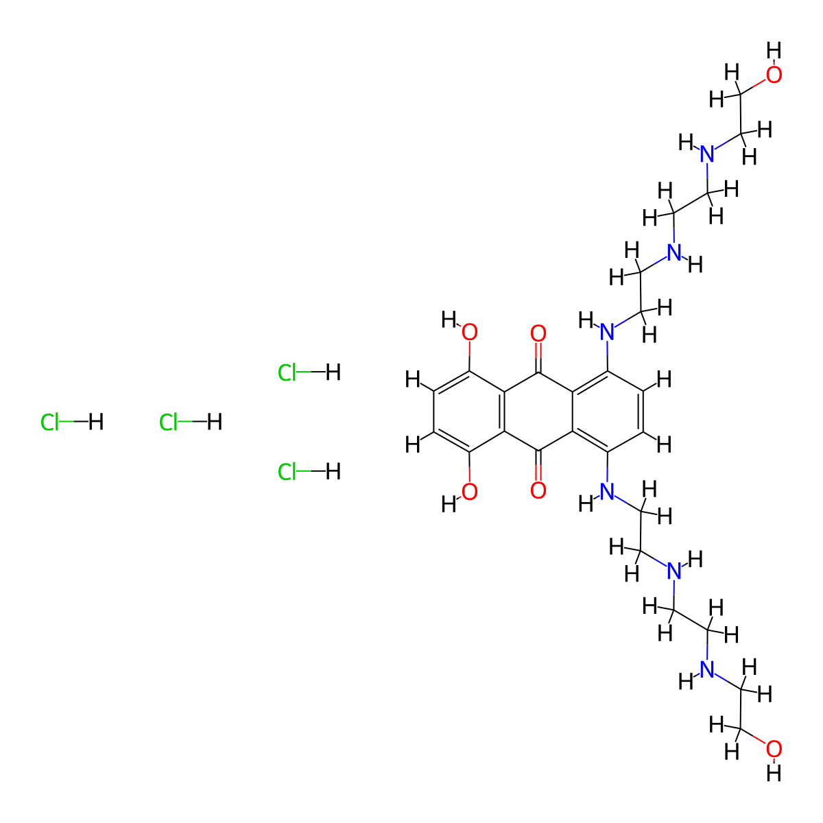 9,10-Anthracenedione, 1,4-dihydroxy-5,8-bis((2-((2-((2-hydroxyethyl)amino)ethyl)amino)ethyl)amino)-, tetrahydrochloride molecular structure, CAS 70476-91-4