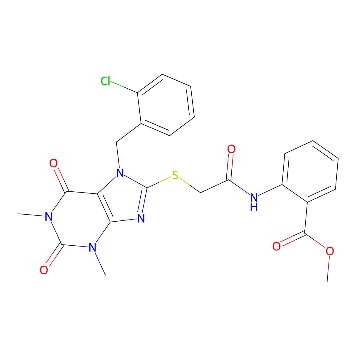 Methyl 2-((2-((7-((2-chlorophenyl)methyl)-2,3,6,7-tetrahydro-1,3-dimethyl-2,6-dioxo-1H-purin-8-yl)thio)acetyl)amino)benzoate molecular structure, CAS 704875-02-5