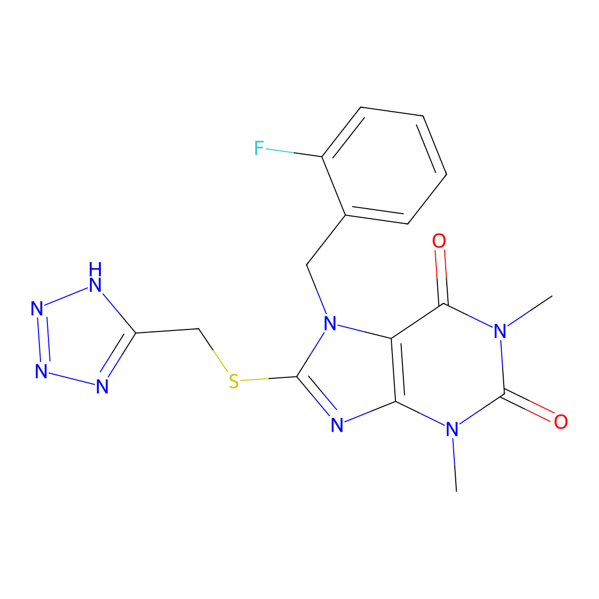 7-((2-Fluorophenyl)methyl)-3,7-dihydro-1,3-dimethyl-8-((2H-tetrazol-5-ylmethyl)thio)-1H-purine-2,6-dione molecular structure, CAS 704875-05-8