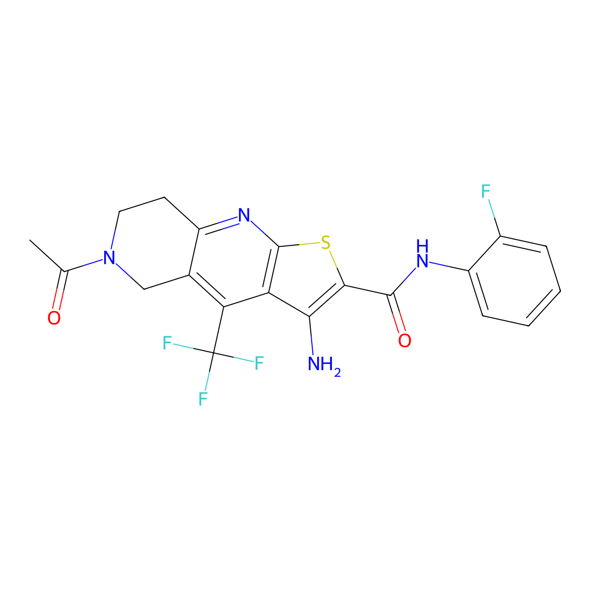 6-acetyl-3-amino-N-(2-fluorophenyl)-4-(trifluoromethyl)-7,8-dihydro-5H-thieno[2,3-b][1,6]naphthyridine-2-carboxamide molecular structure, CAS 704876-17-5