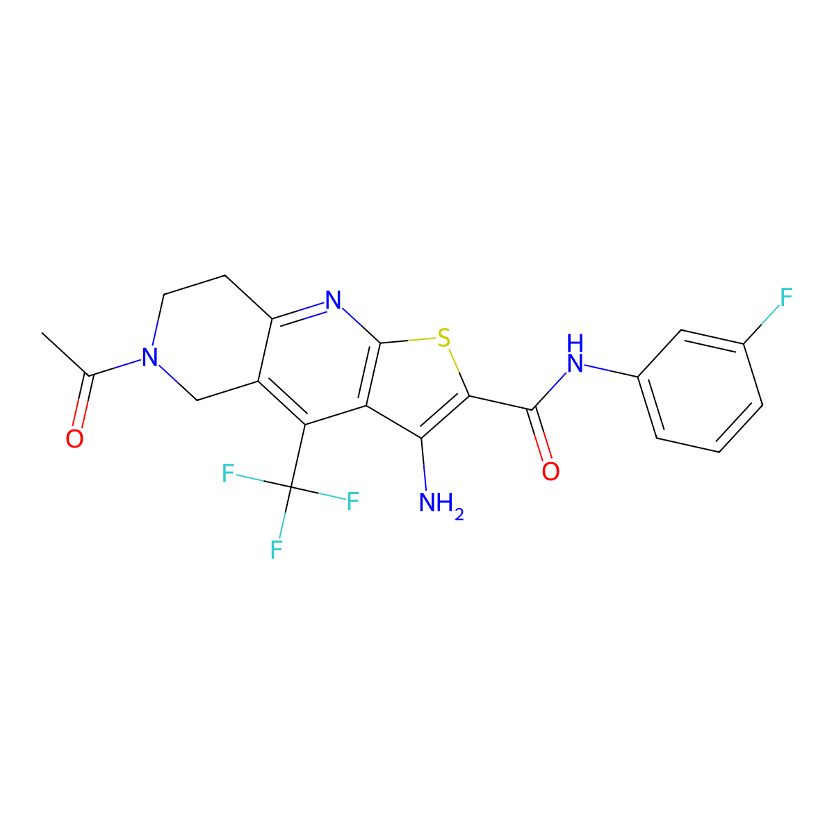 6-acetyl-3-amino-N-(3-fluorophenyl)-4-(trifluoromethyl)-7,8-dihydro-5H-thieno[2,3-b][1,6]naphthyridine-2-carboxamide molecular structure, CAS 704876-19-7