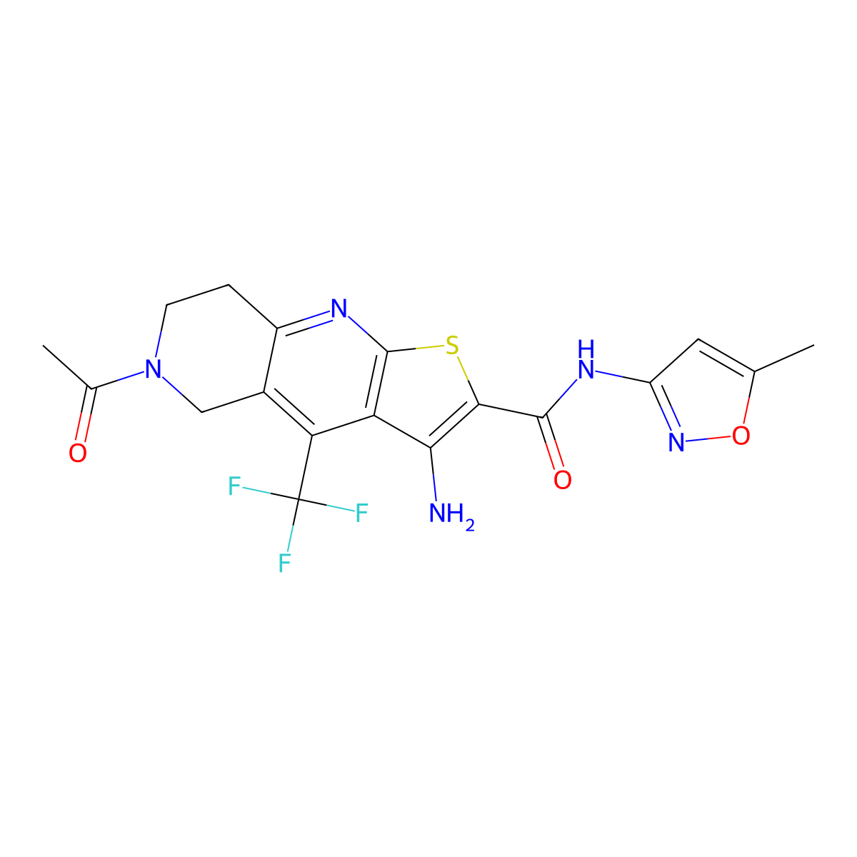 6-acetyl-3-amino-N-(5-methyl-3-isoxazolyl)-4-(trifluoromethyl)-5,6,7,8-tetrahydrothieno[2,3-b][1,6]naphthyridine-2-carboxamide molecular structure, CAS 704876-23-3