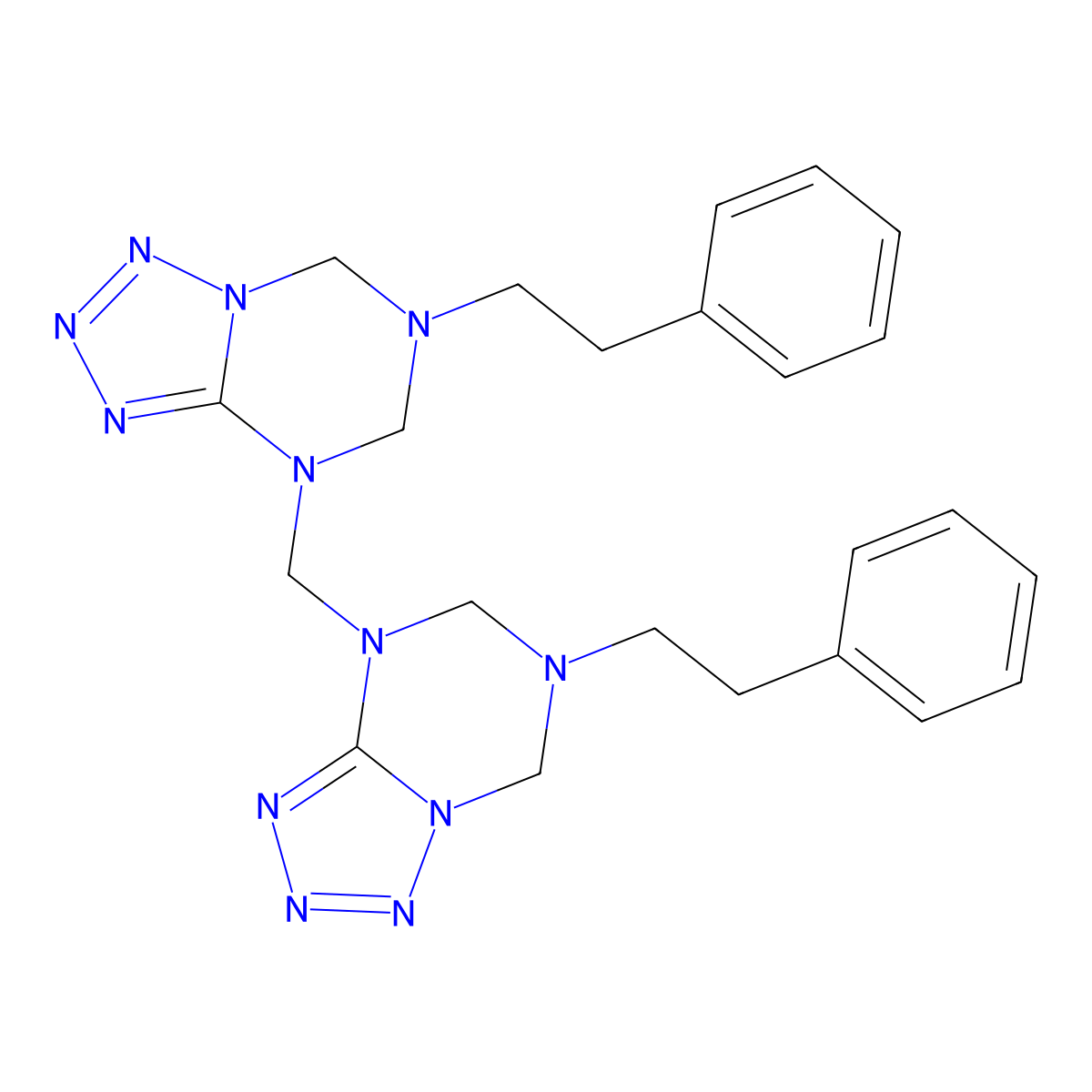 6-phenethyl-4-{[6-phenethyl-6,7-dihydro[1,2,3,4]tetraazolo[1,5-a][1,3,5]triazin-4(5H)-yl]methyl}-4,5,6,7-tetrahydro[1,2,3,4]tetraazolo[1,5-a][1,3,5]triazine molecular structure, CAS 704876-47-1