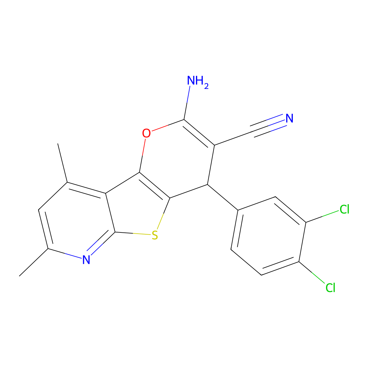 2-amino-4-(3,4-dichlorophenyl)-7,9-dimethyl-4H-pyrano[2',3':4,5]thieno[2,3-b]pyridine-3-carbonitrile molecular structure, CAS 704877-08-7