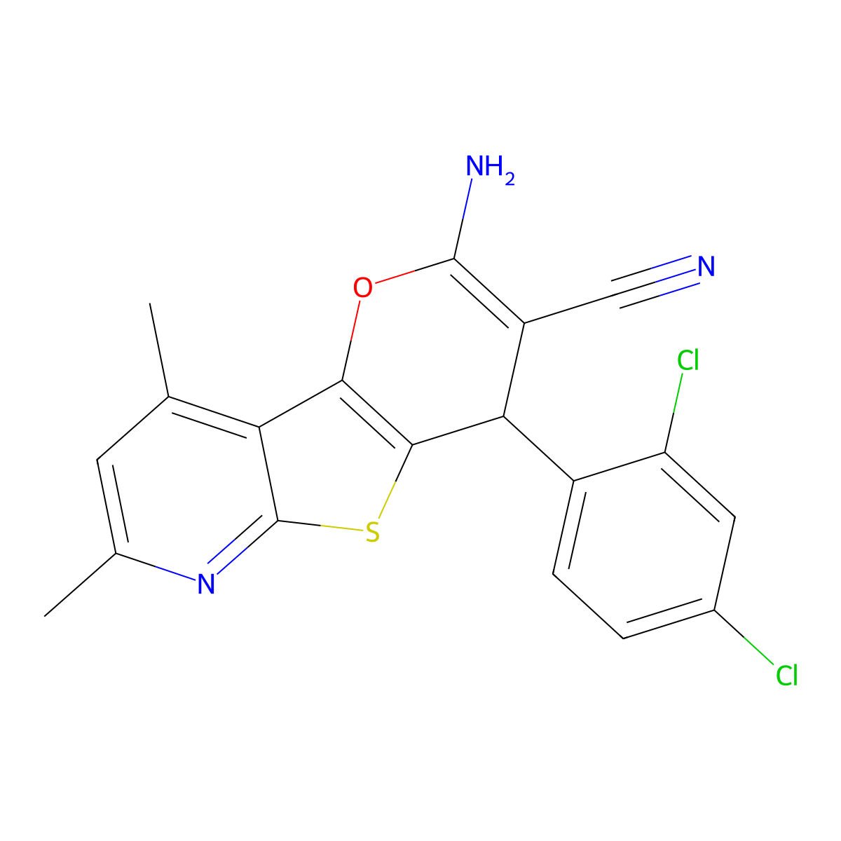 2-amino-4-(2,4-dichlorophenyl)-7,9-dimethyl-4H-pyrano[2',3':4,5]thieno[2,3-b]pyridine-3-carbonitrile molecular structure, CAS 704877-59-8