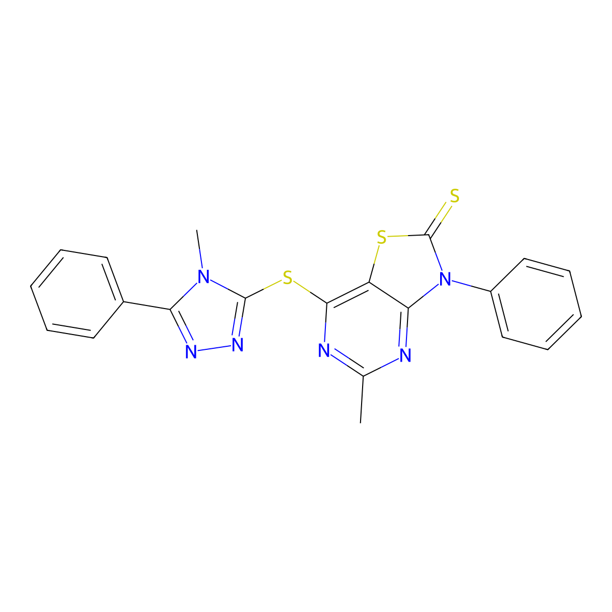5-Methyl-7-((4-methyl-5-phenyl-4H-1,2,4-triazol-3-yl)thio)-3-phenylthiazolo[4,5-d]pyrimidine-2(3H)-thione molecular structure, CAS 705254-04-2