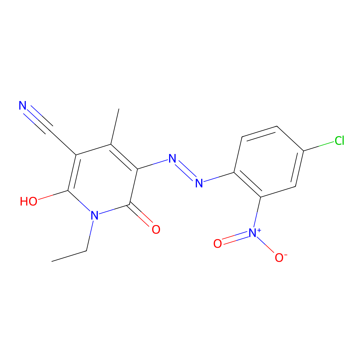 3-Pyridinecarbonitrile, 5-[(4-chloro-2-nitrophenyl)azo]-1-ethyl-1,2-dihydro-6-hydroxy-4-methyl-2-oxo- molecular structure, CAS 70528-90-4